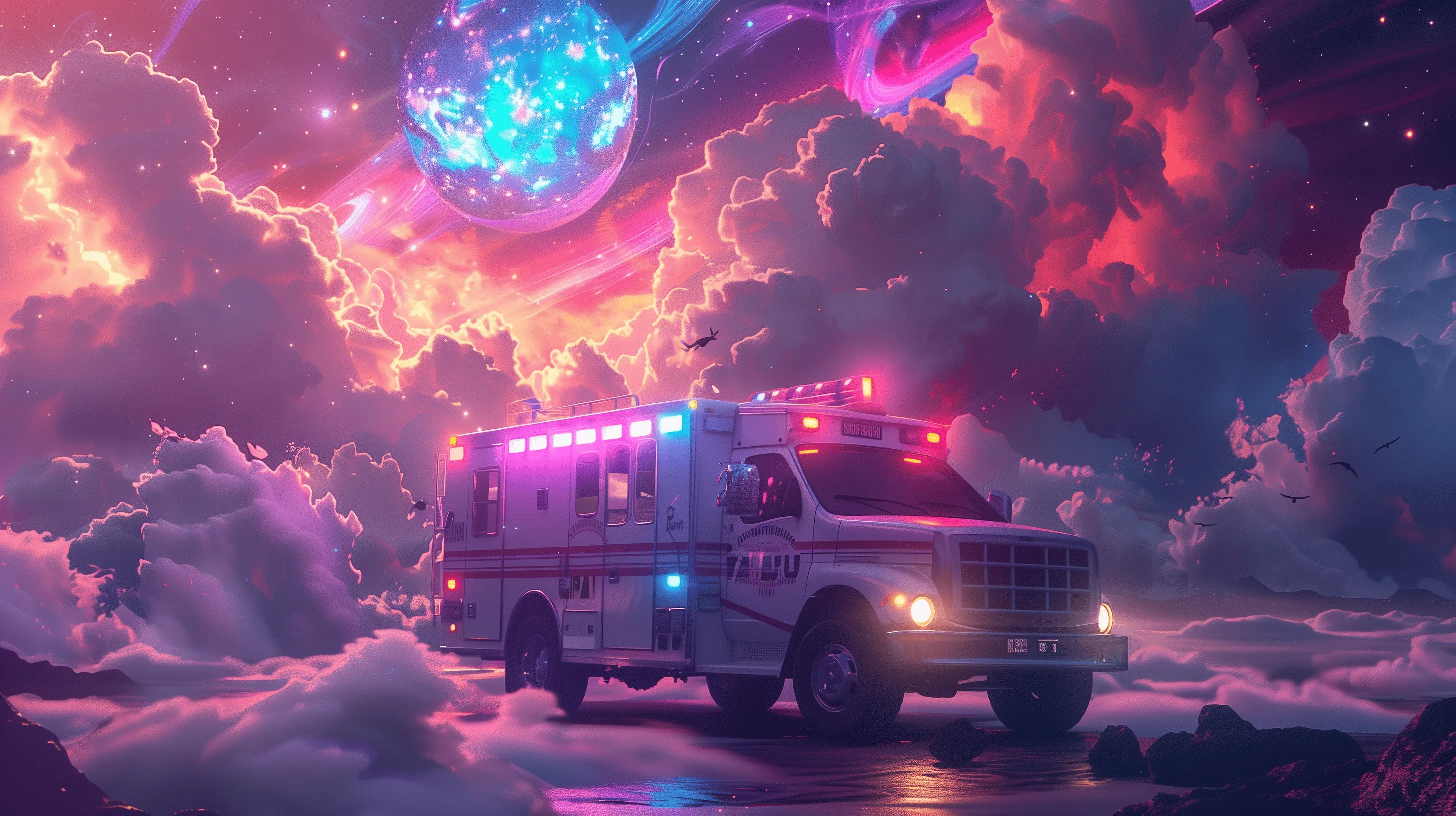 Ambulance in Cosmic Dreamscape Space Wallpaper