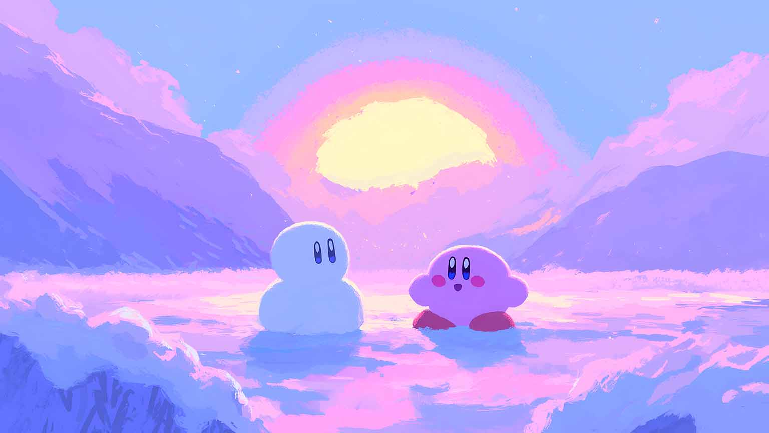 Kirby & Waddle Dee Pink Sunset Desktop Wallpaper