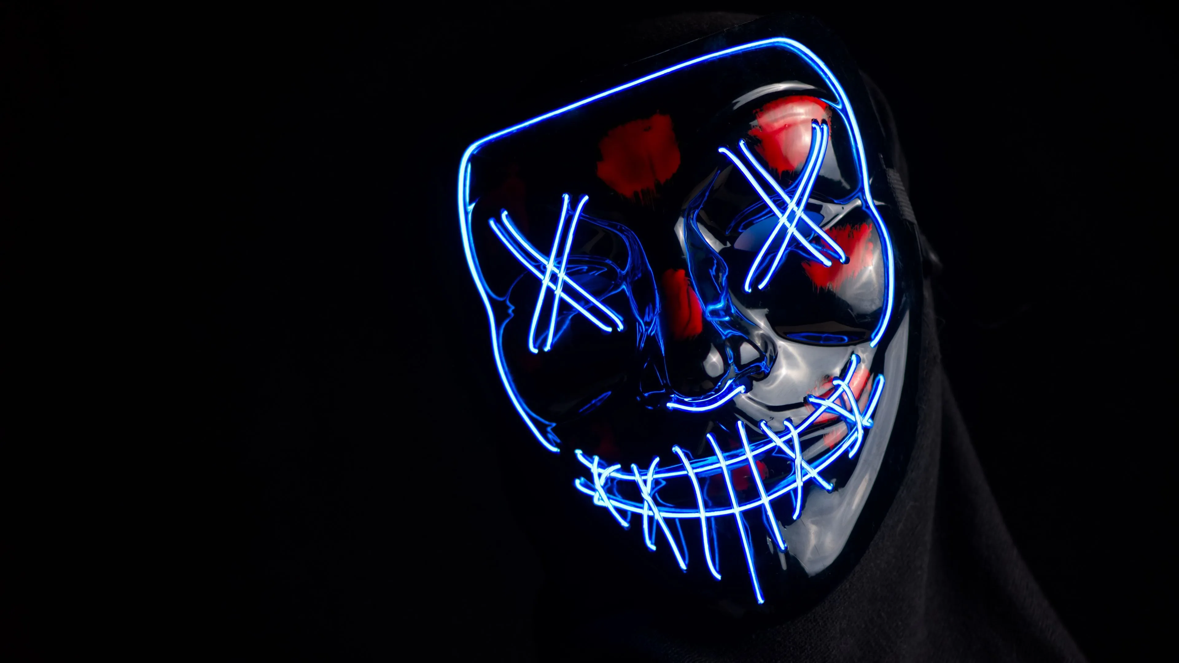 Download wallpaper 3840x2160 mask, anonymous, neon, face, hidden, dark 4k uhd 16:9 HD background