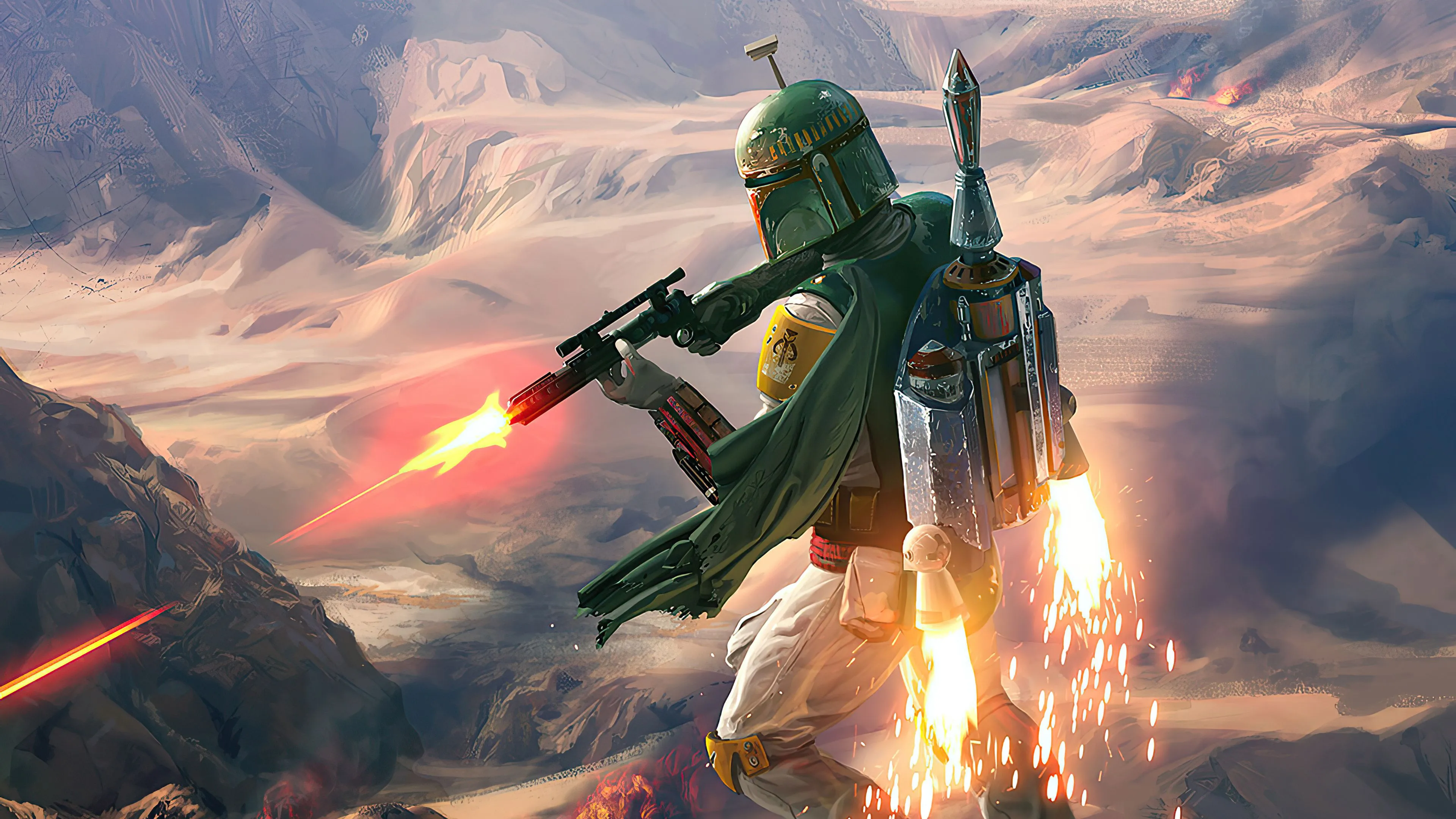 Boba Fett From Star Wars Firing A Blaster In A Desert Landscape, HD Wallpaper