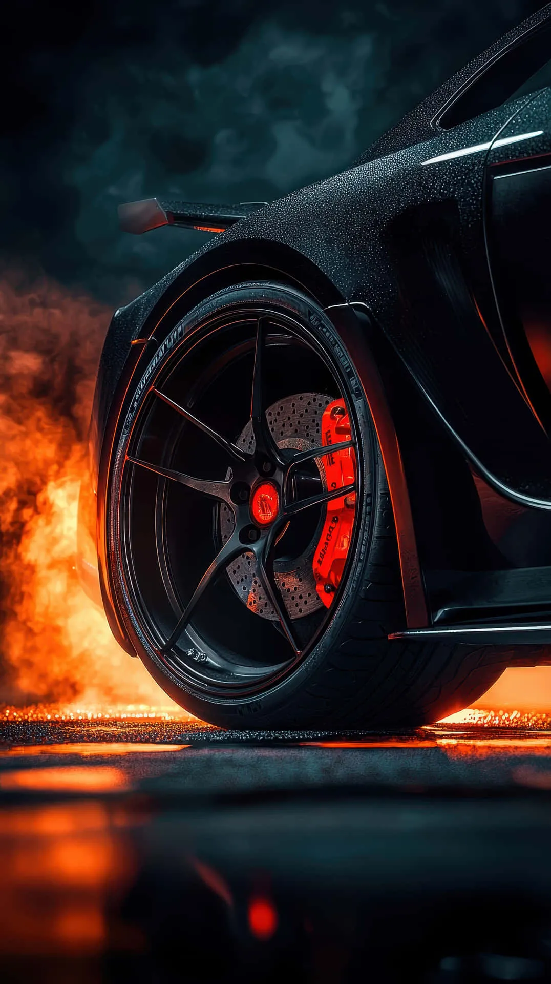 Download High Performance Supercar Wheel With Fiery Background And Carbon Fiber Detail Wallpaper