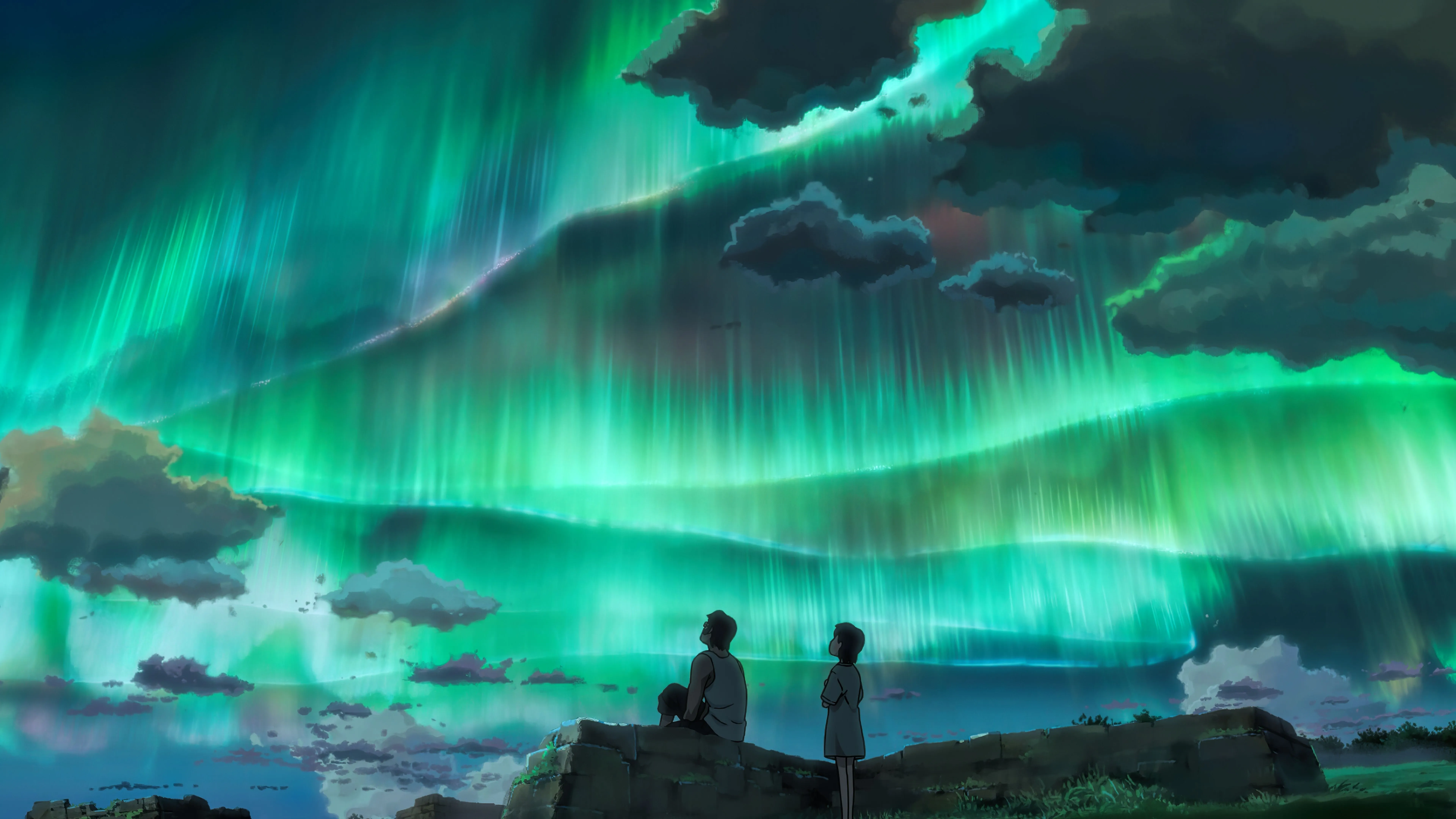 Anime Couple Looking At Aurora Sky 8k 8K , HD 4k Wallpaper, Image, Background, Photos and Picture