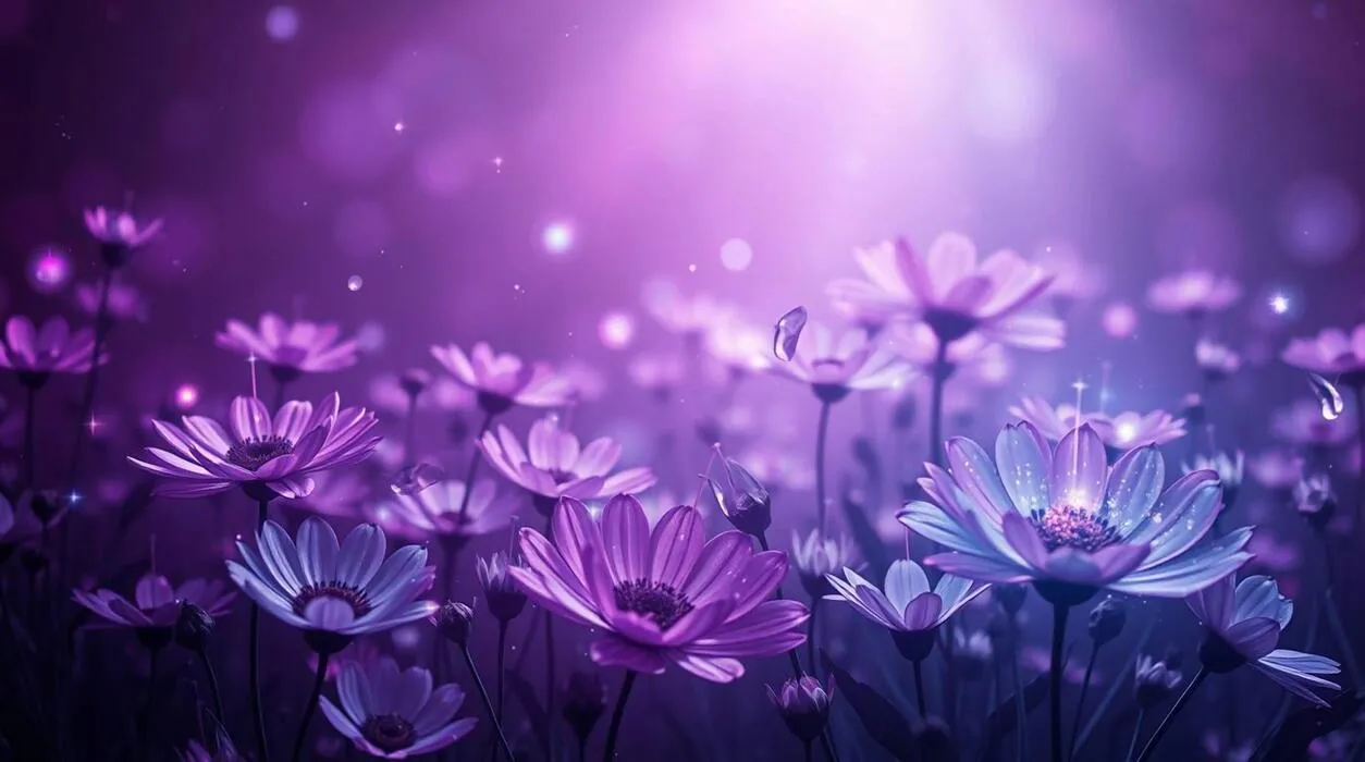 Purple flowers are shown in the background