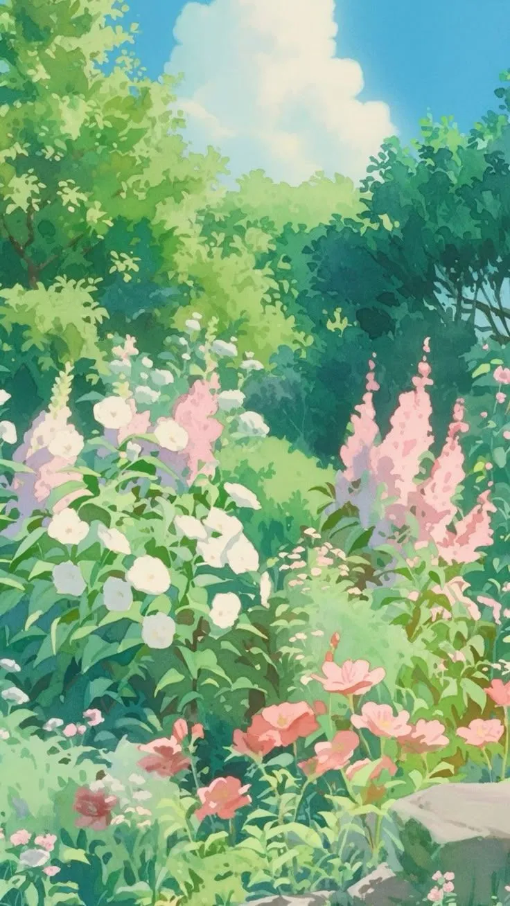 Vintage Countryside Pink Floral Wallpaper. Retro Anime Phone Wallpaper. Studio Ghibli Background