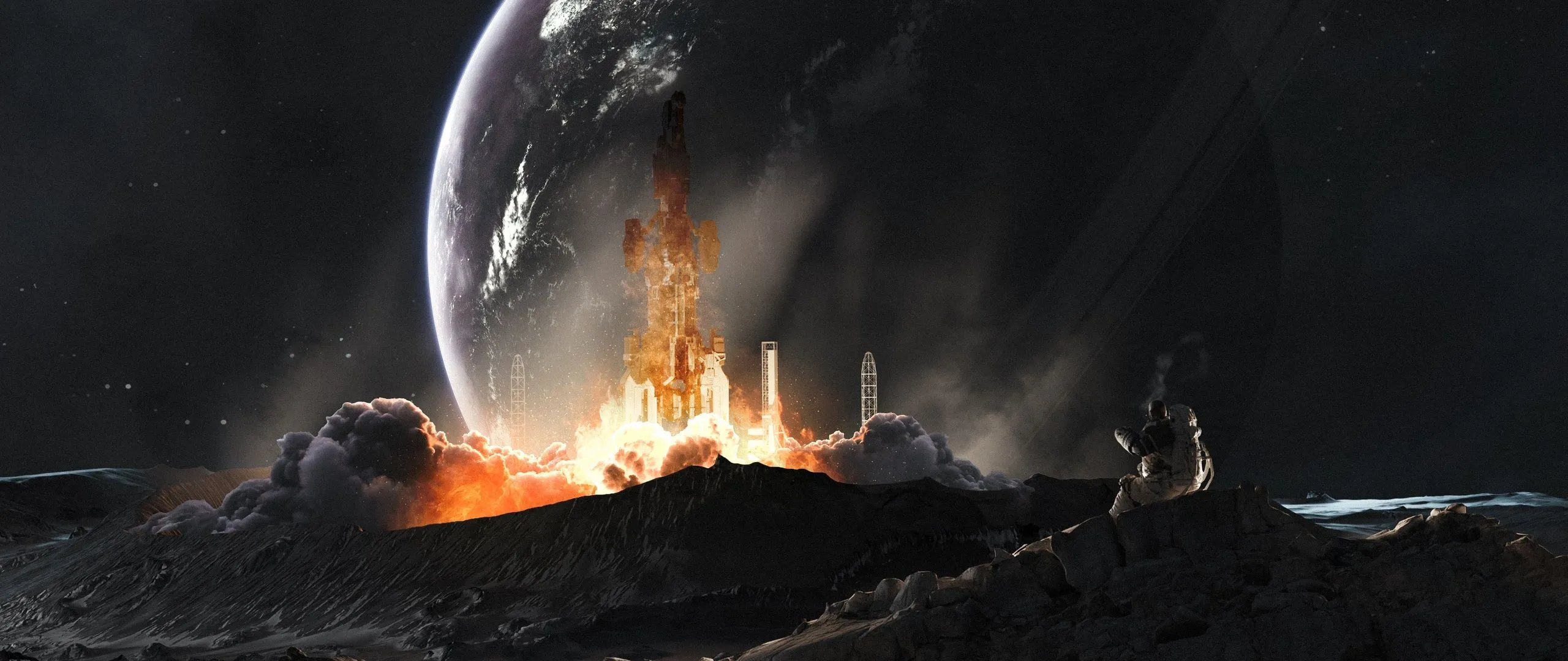 Moon Wallpaper 4K, Rocket launch, Astronaut