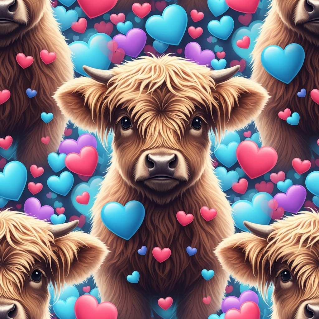 Cute Baby Highland Cow Valentine's Hearts Design. AI Art Generator. Easy Peasy.AI