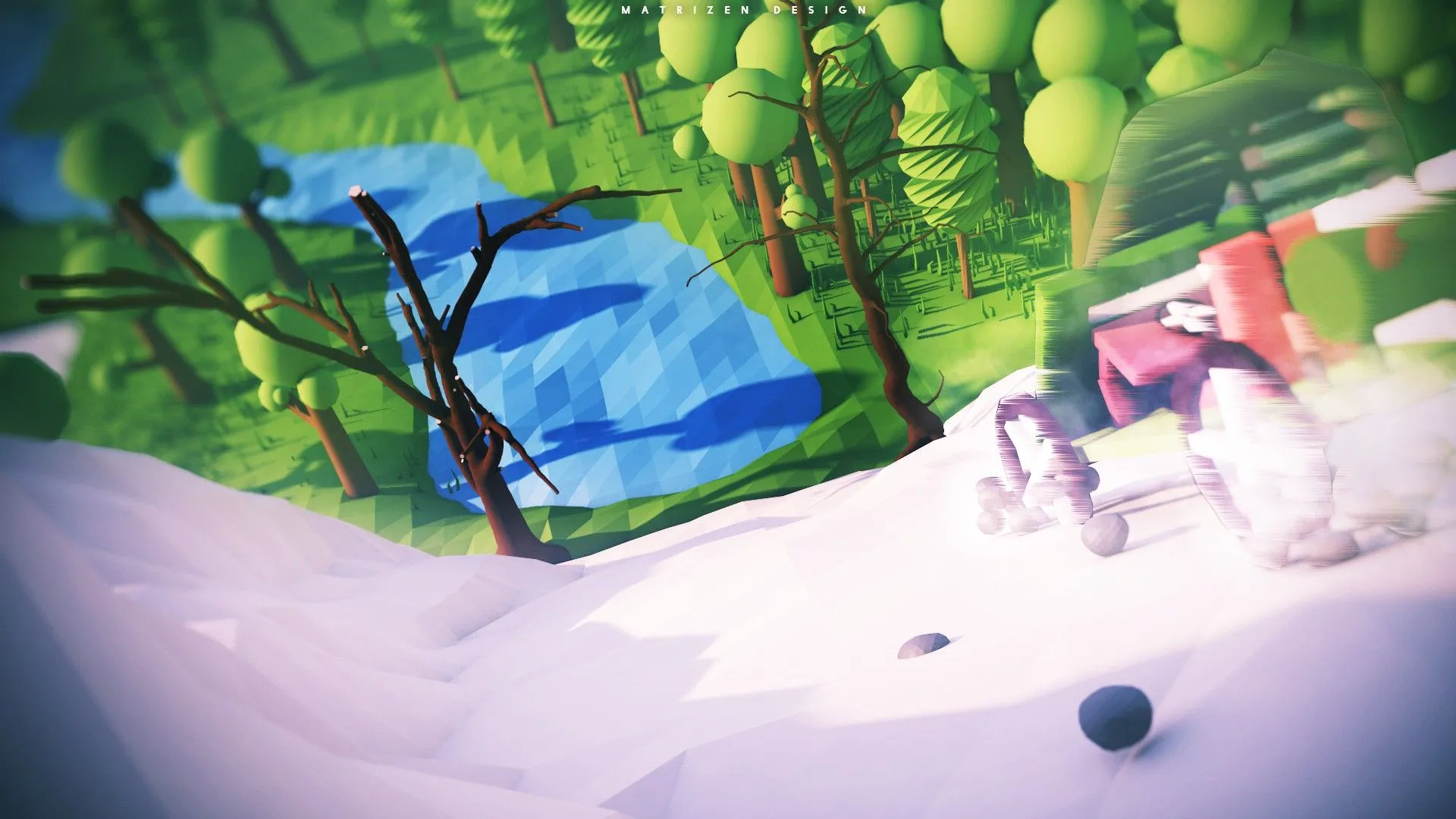 low Poly, Digital Art, 3D, Matrizendesign, Water, River, Vehicle, Snow, Mountain, Trees, Dead Trees, Low Ride Wallpaper HD / Desktop and Mobile Background