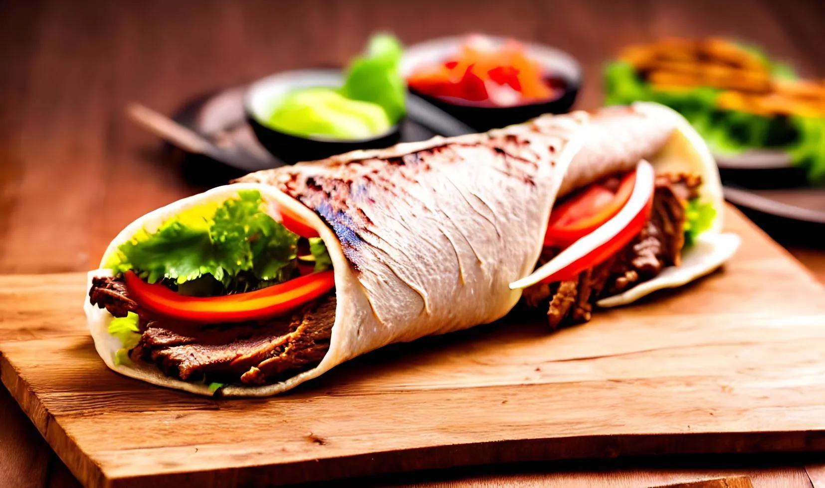 Shawarma. Doner kebab, fresh vegetables and meat. Kebab sandwich close up