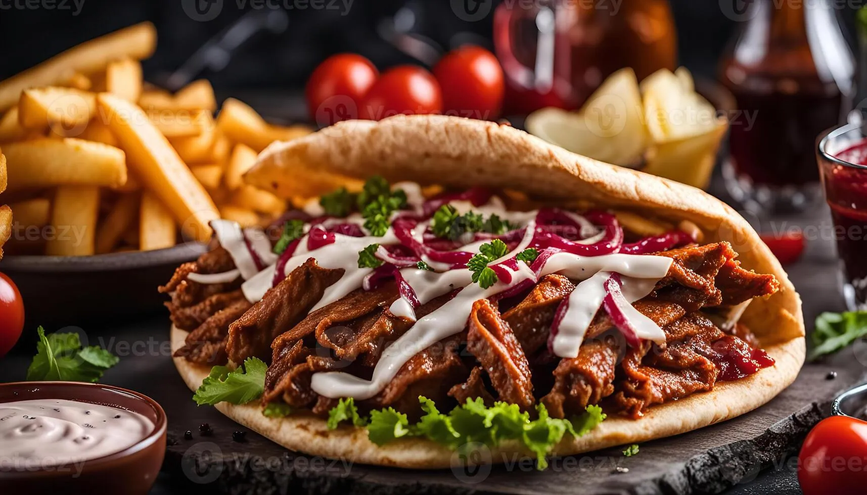 Delicious Doner Kebab with Fries, Red Onion, and Sauce