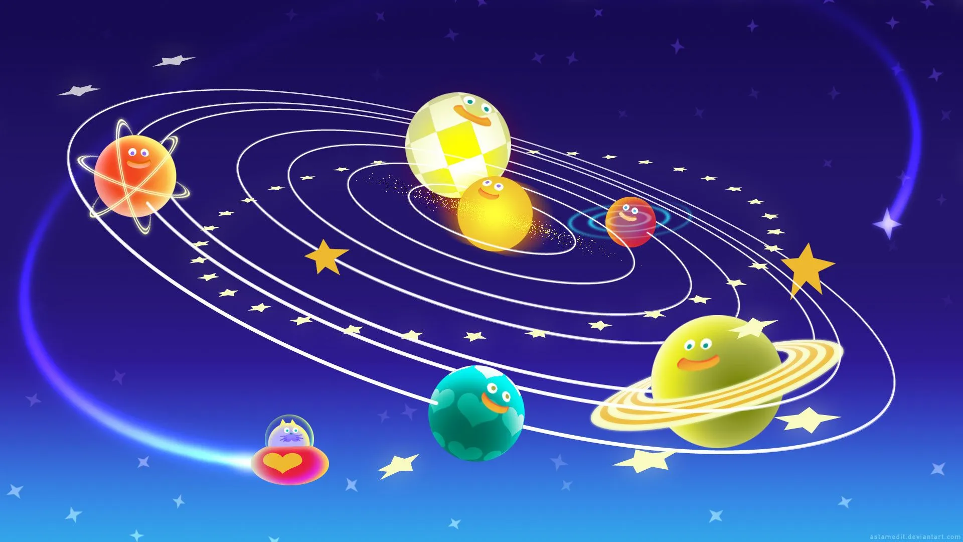 humor, Colorful, Space, Planet, Sun, Solar System, Stars, Smiling, Circle, Blue background Wallpaper HD / Desktop and Mobile Background