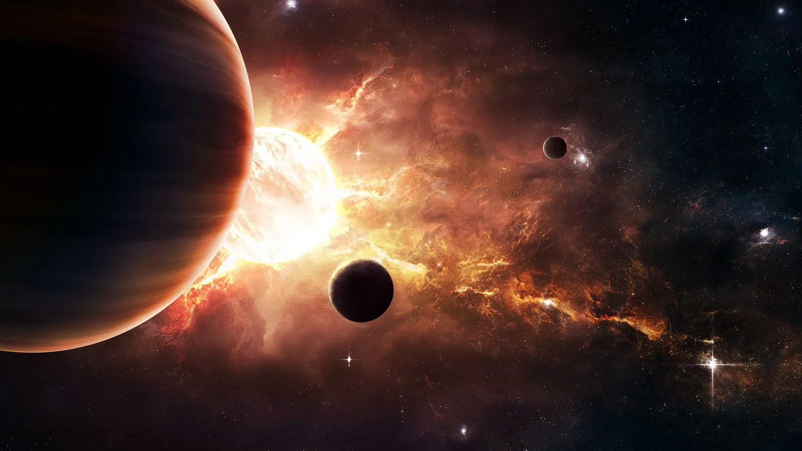 Download wallpaper 1600x900 planets, stars, galaxy, glow, space widescreen 16:9 HD background