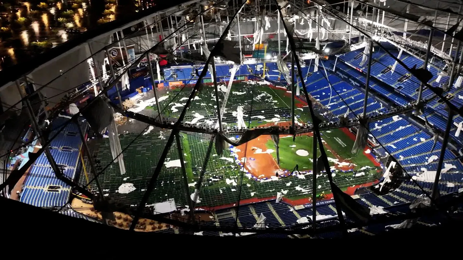 Dramatic drone footage shows Tropicana Field roof blown off