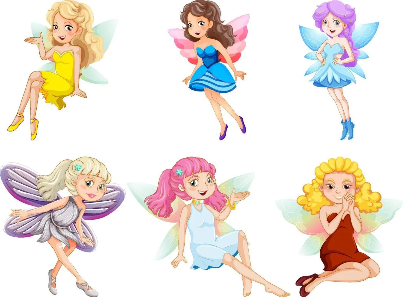 Set of different beautiful fairy girl cartoon character