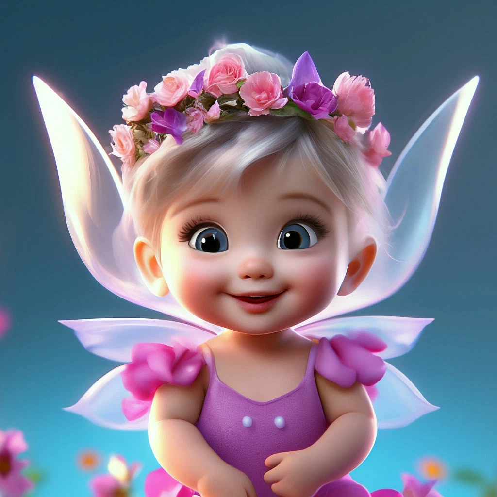 ◕⁠ᴗ⁠◕⁠✿⁠) Cartoon Baby Girl Fairy With Transparent Wings, Gray Blue Eyes, Lips With A Bow, Smile, Wreath Of