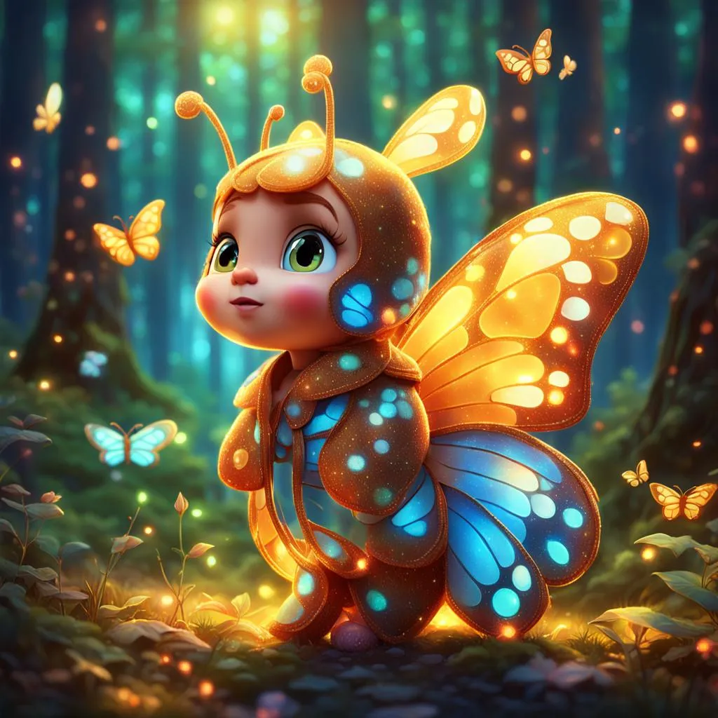 adorable (butterfly CGI cartoon character:1.1), shiny, glowing, sparkling, luminous, in an enchanted forest ; 2D ca