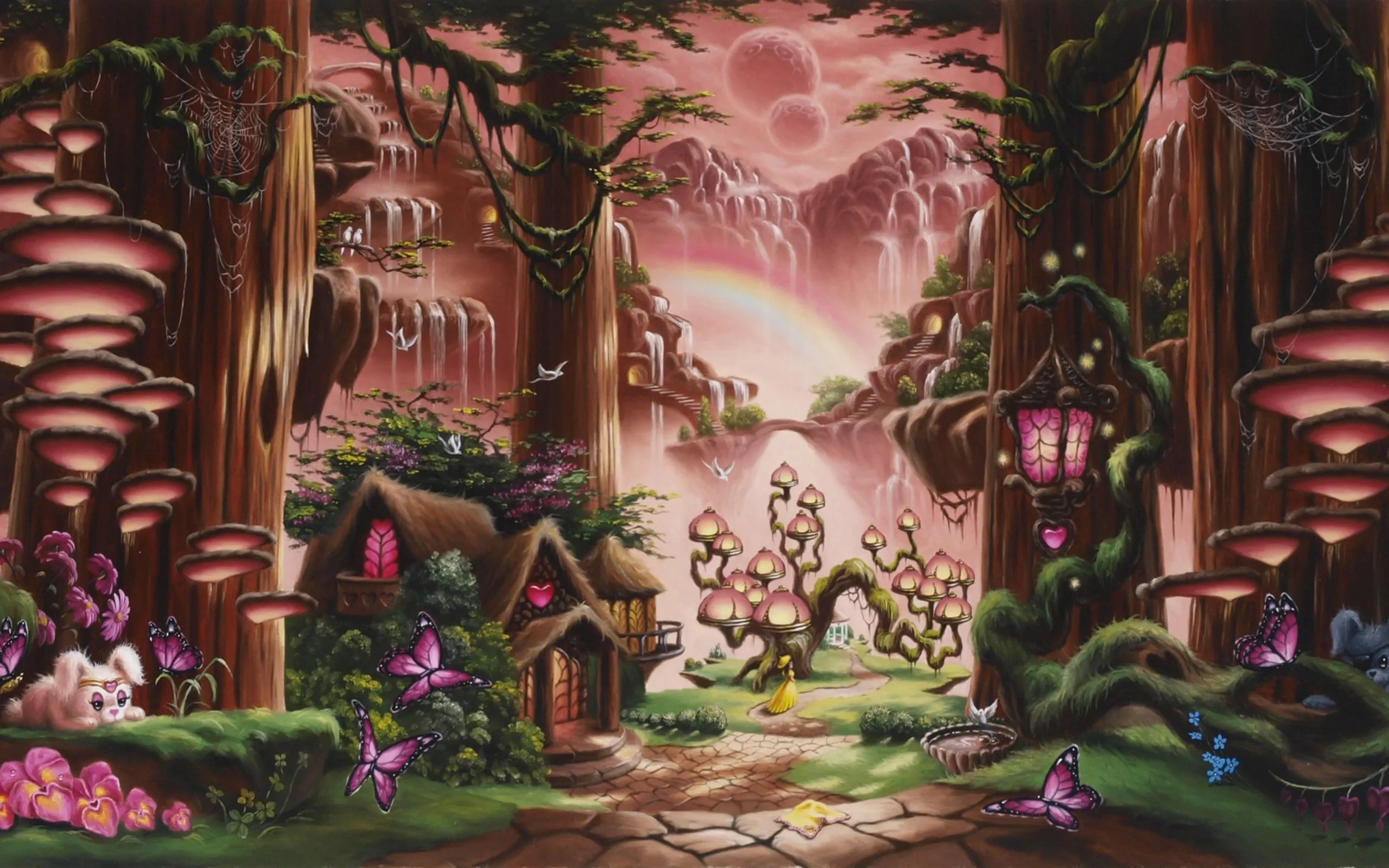 fantasy, Fairy, Tale, Art, Magic, Cartoon, Trees, Forest, Cute, Kids, Children, Scenic, Waterfall, Nature, Mountains, Soft, Mood, Architecture, Buildings, Houses, Cabin, Path, Trail, Animals, Cute, Sky, Moon Wallpaper HD / Desktop and