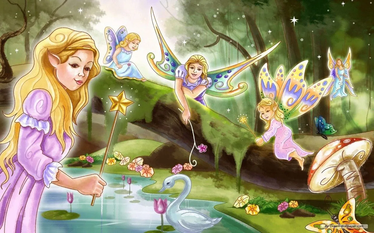 Enchanted Fairy Garden Forest Scene with Fairies and Swan