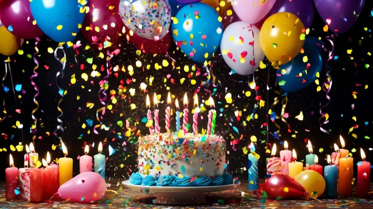 A birthday cake with candles and balloons in the background