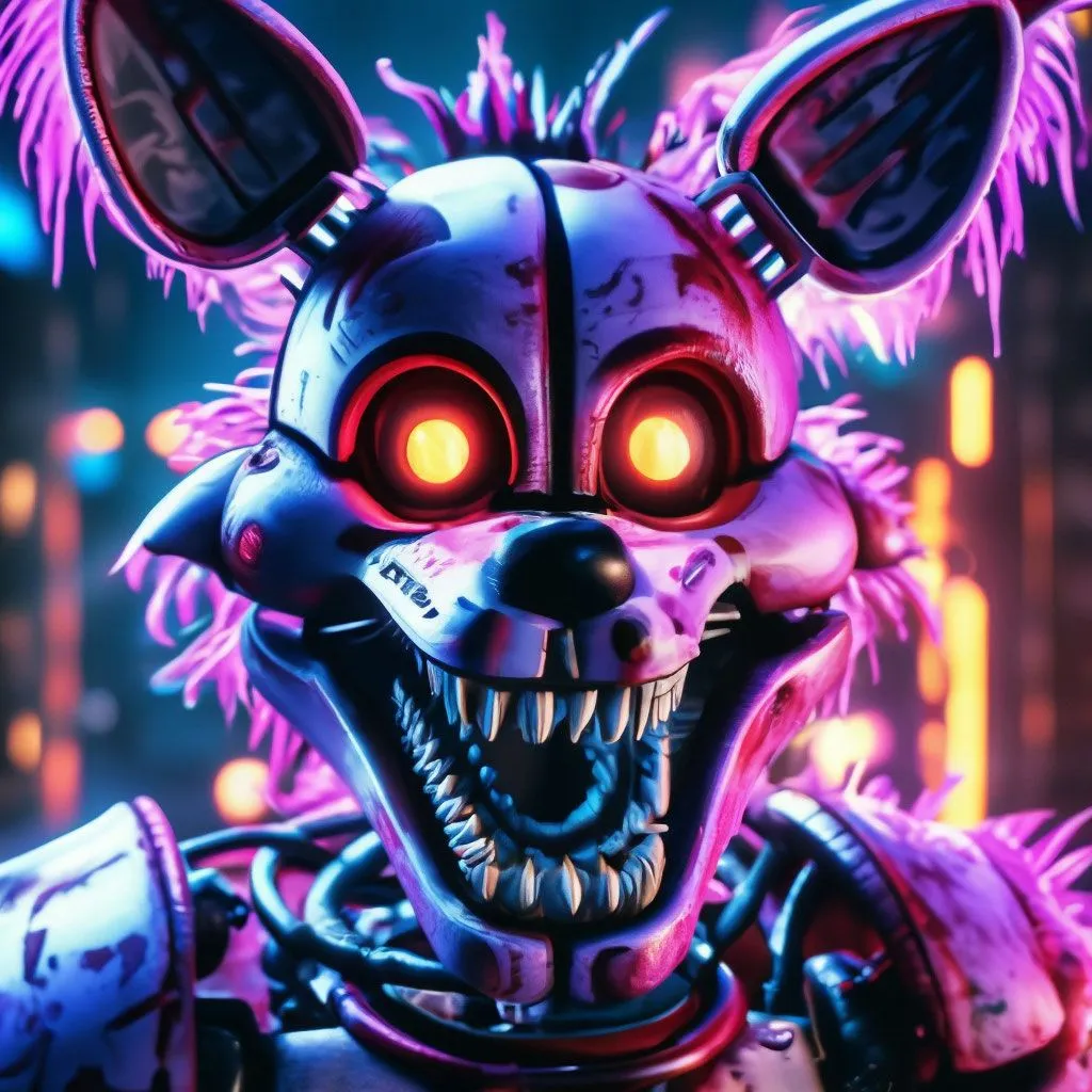 Very scary Foxy from FNAF game, scary, creepy, neon lighting