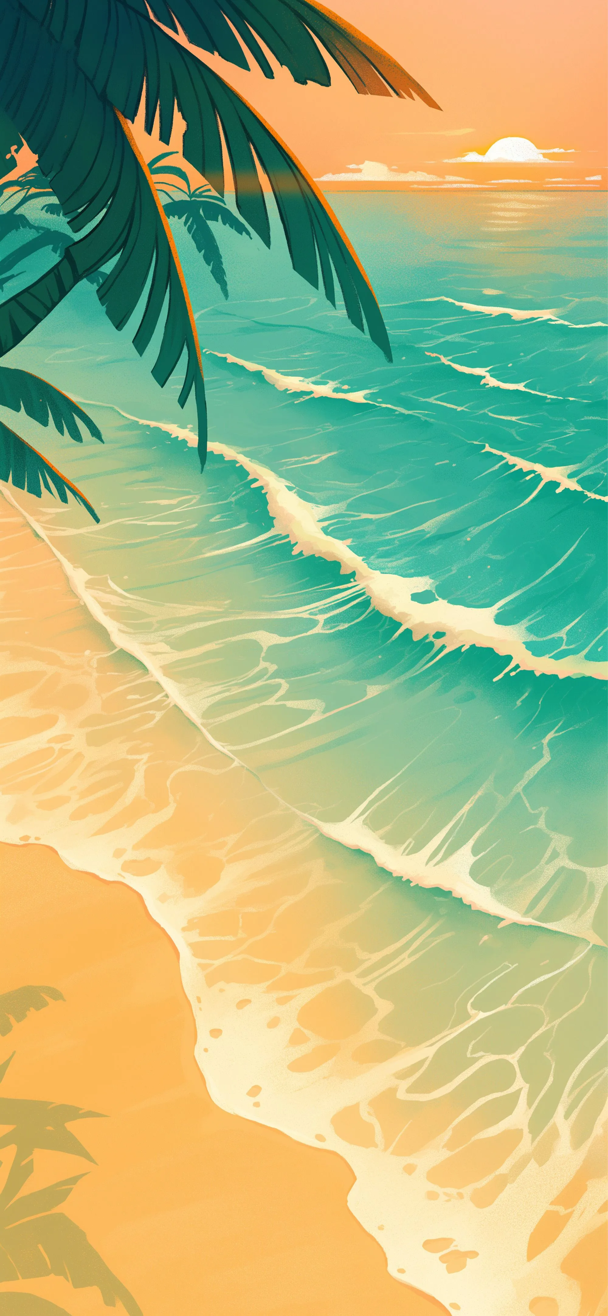 Tropical Ocean Waves Sunset Beach Wallpaper