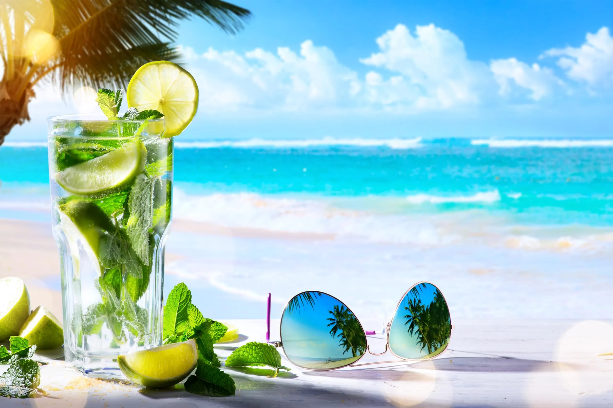 Amazon.com, chnywork 10x8ft Beach Cocktail Backdrop Mojito Tropical Summer Seaside Sunglasses Lemon Mint Leaves Sea Waves Palm Trees Background Summer Aloha Theme Party Decor Photo Props Wallpaper