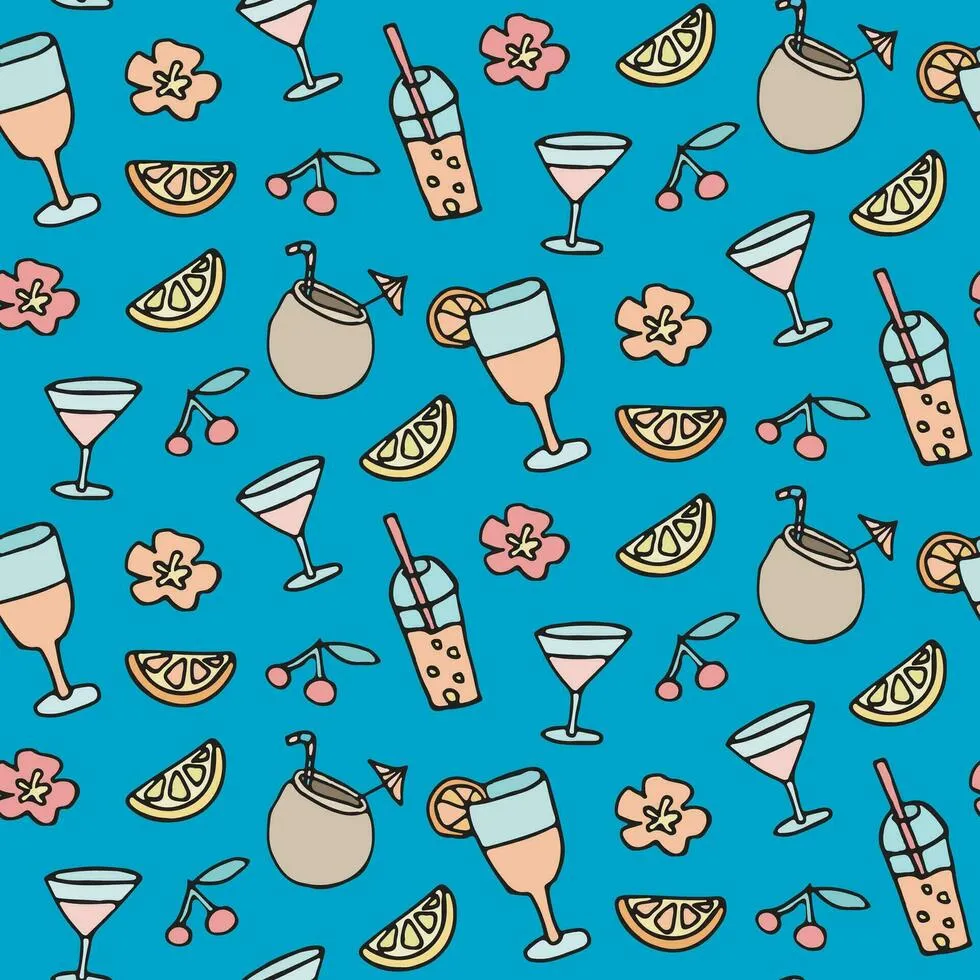 taste of summer with this tropical cocktail assortment. Perfect for menus, wallpaper, and more, in a seamless beach doodle vector pattern