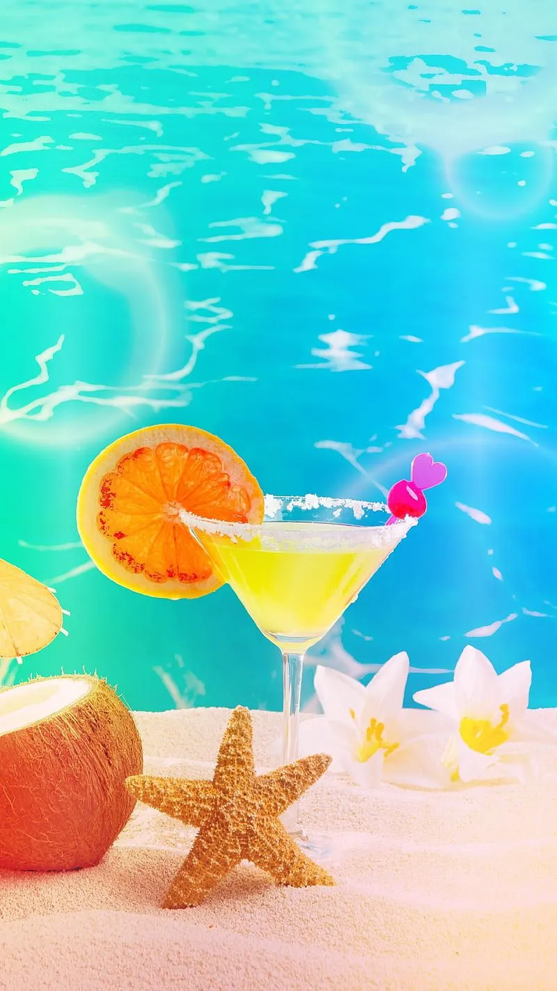 Beach drink, beach, coastal, colorful, drinks, pina colada, start fish, HD phone wallpaper