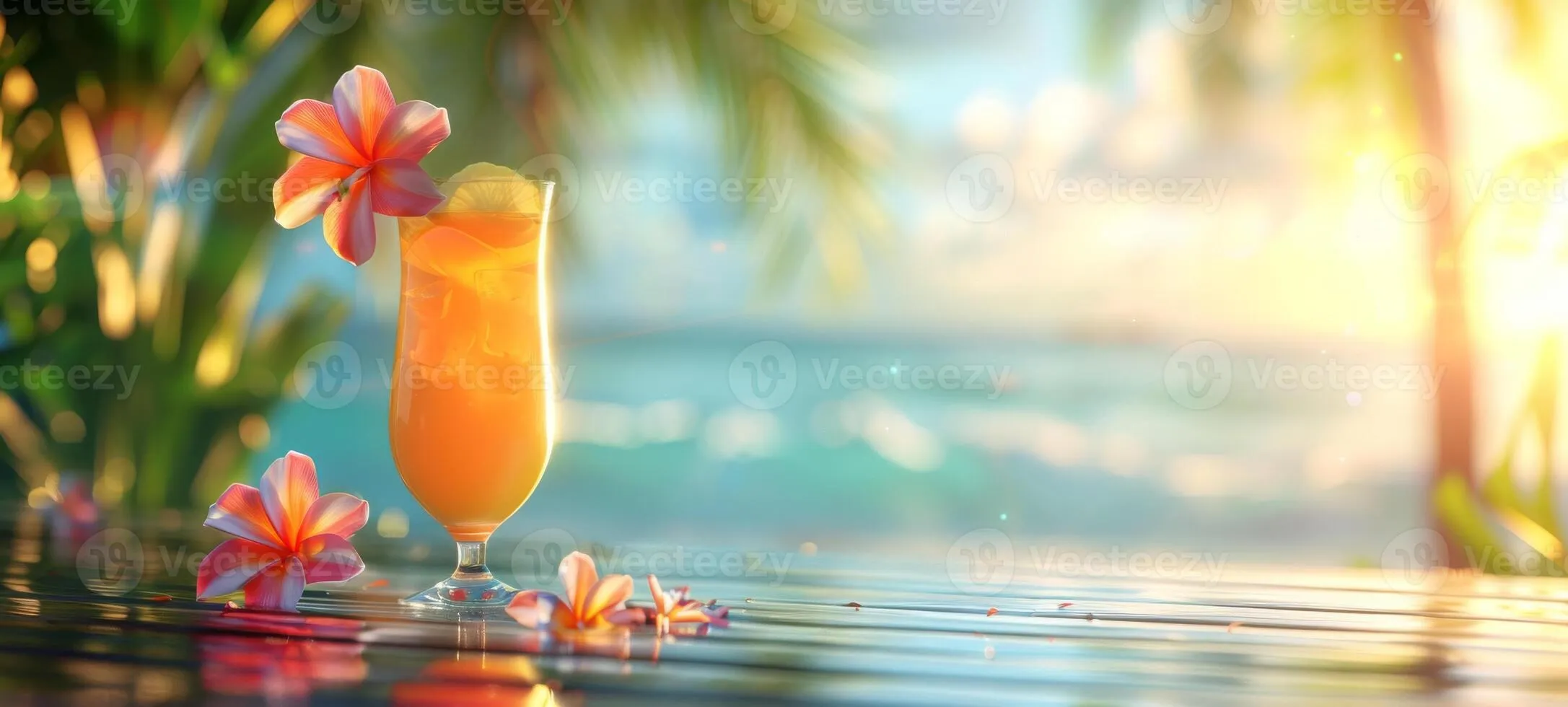Refreshing tropical cocktail against blurred tropical ocean backdrop. Vibrant drink in natural setting. Concept of summer drinks, refreshing beverages. Banner. Copy space