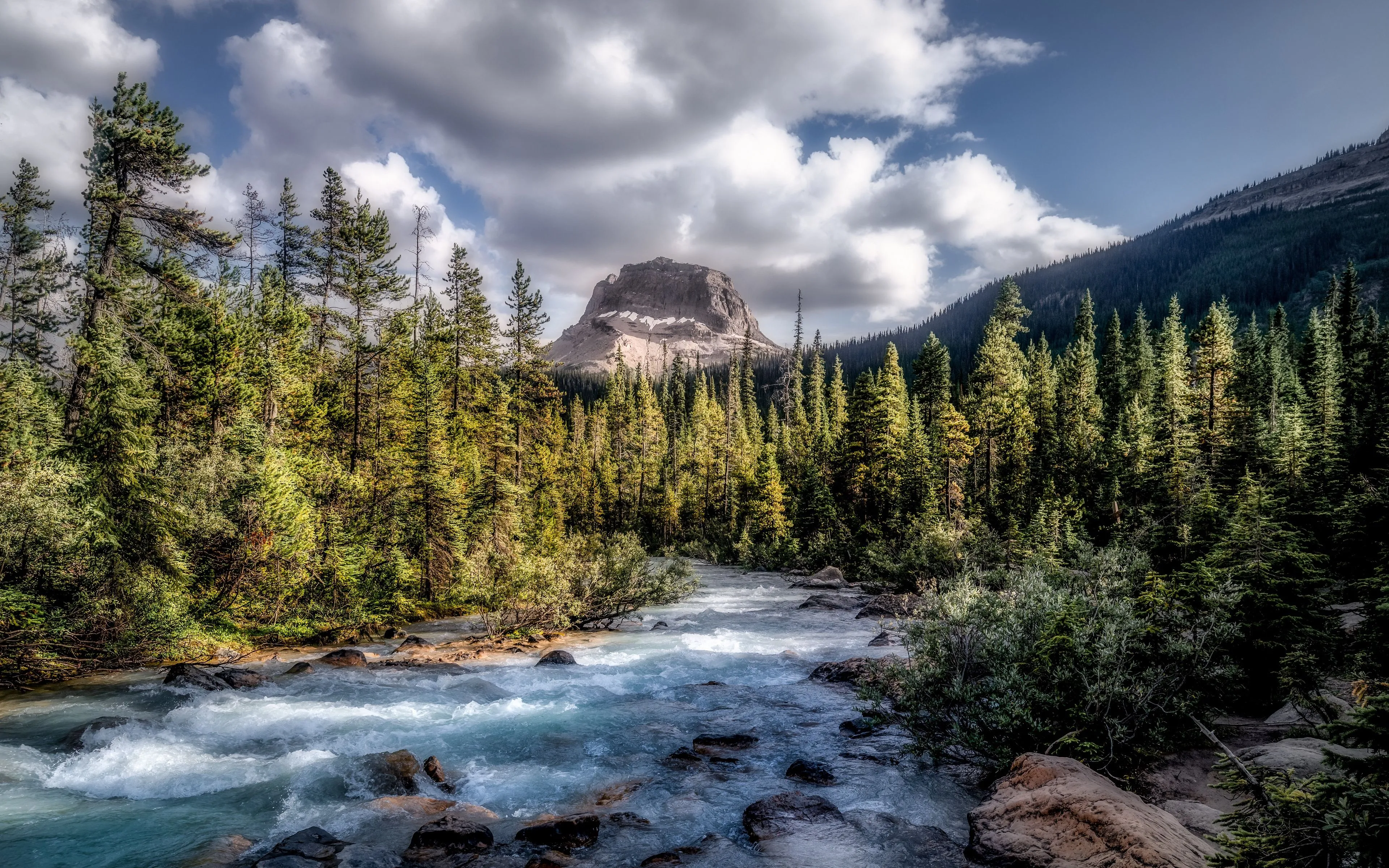 Wallpaper forest, Canada, river, sky, trees, nature, water, mountains for mobile and desktop, section пейзажи, resolution 3840x2400