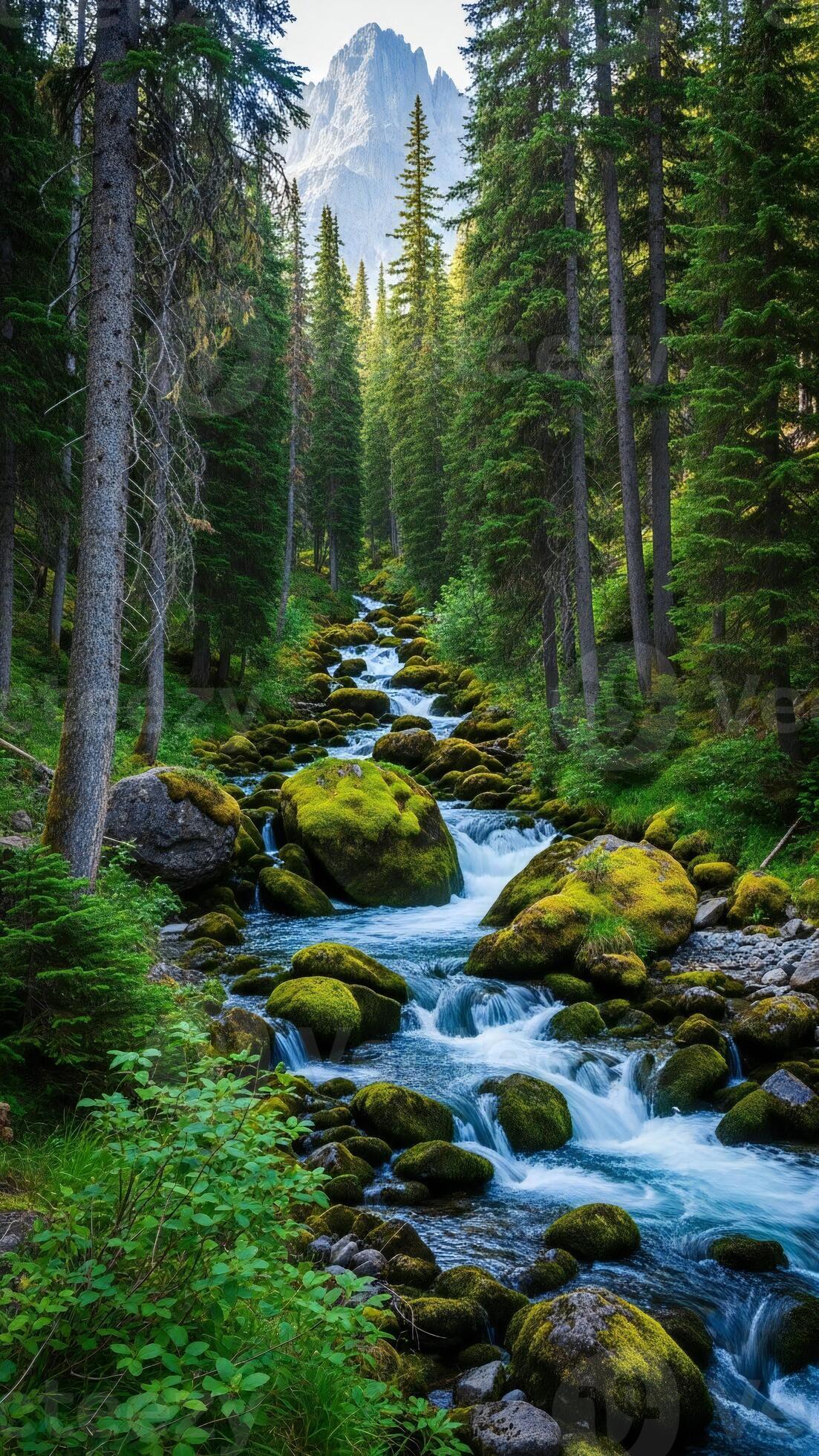 Nature wallpaper, Nature landscape, Scenic mountain peak rises beyond a dense forest with a clear river flowing over mossy rocks