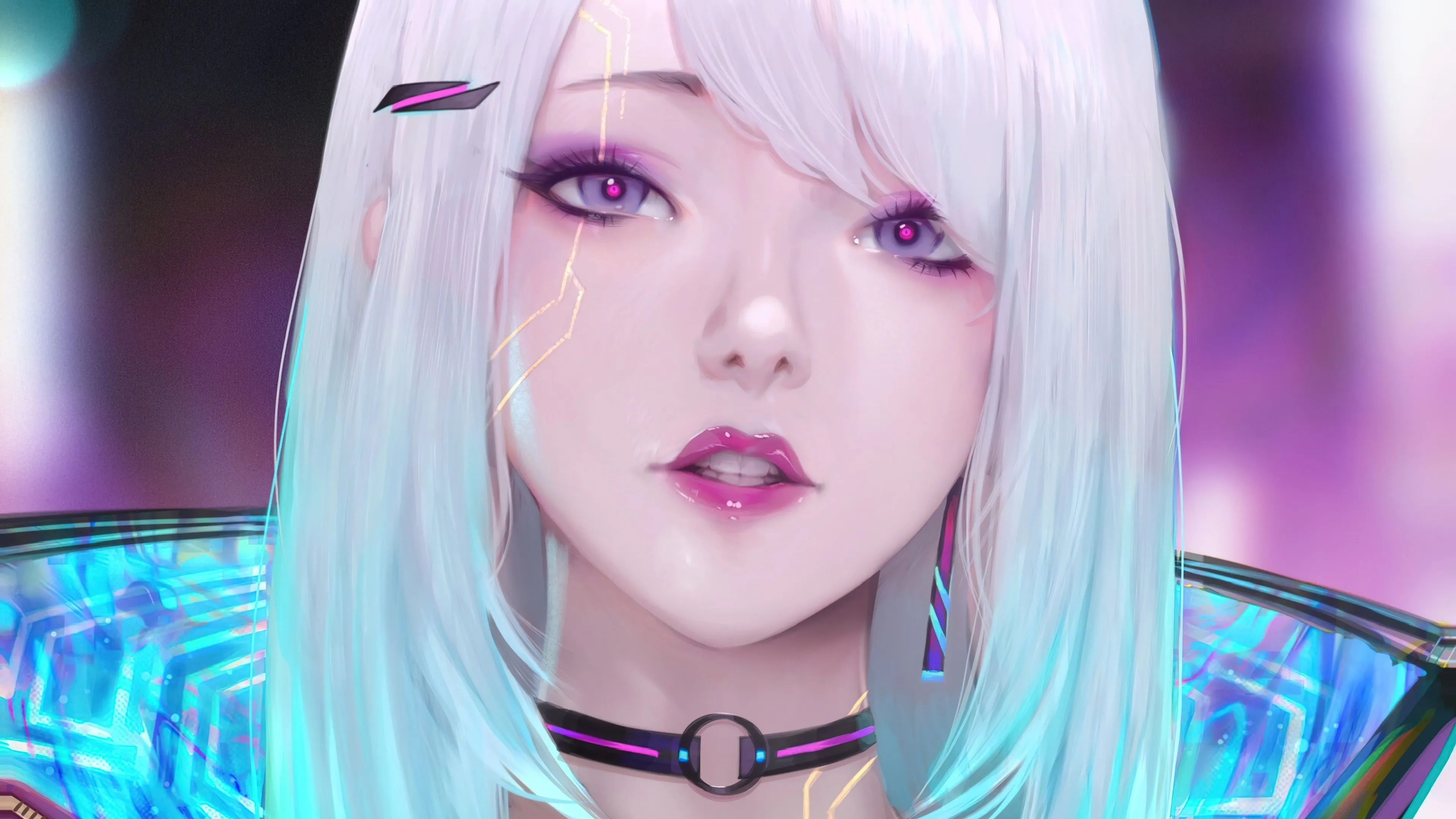 Cyberpunk Anime Girl With White Hair And Purple Eyes 4K, HD Wallpaper