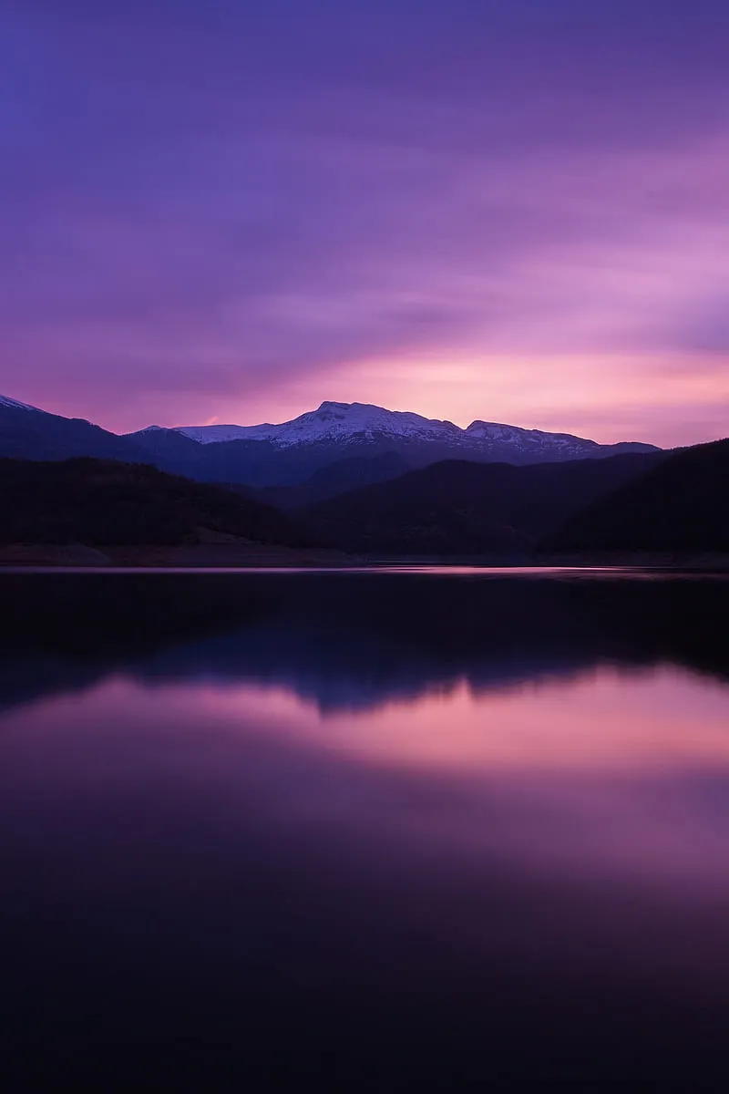 Mountain, blue, landscape, purple, sea, sunset, HD phone wallpaper