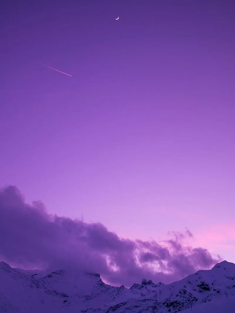Purple sunset, clouds, color, evening, mountains, purple, skiing, sky, snow, HD phone wallpaper