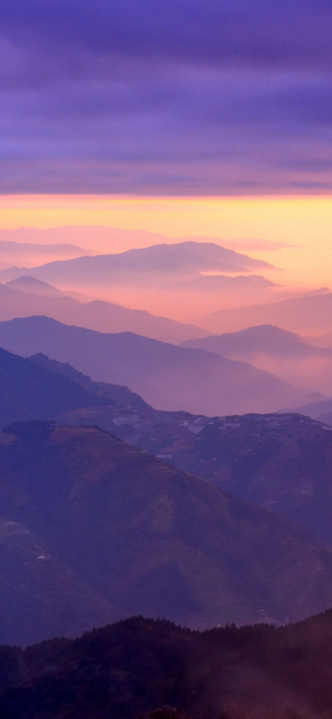 Mountain Range Sunset Purple Sky Foggy Clouds Landscape