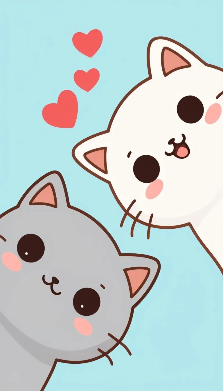 Adorable Cartoon Cats with Hearts on Soft Blue Background Mobile Wallpaper