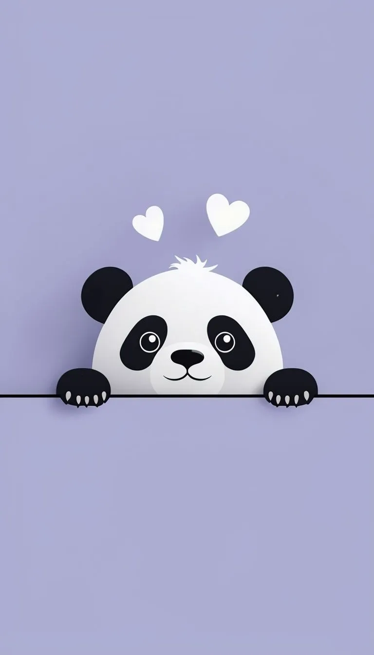 Cute Minimalist Panda Illustration with Hearts on Lavender Background Mobile Wallpaper