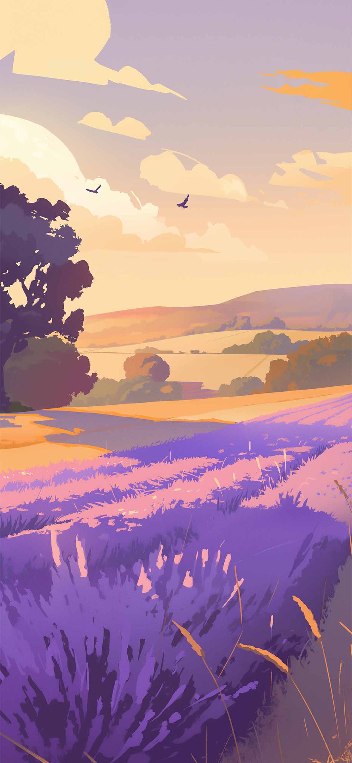 Lavender Fields Sunset Landscape Aesthetic Wallpaper iPhone