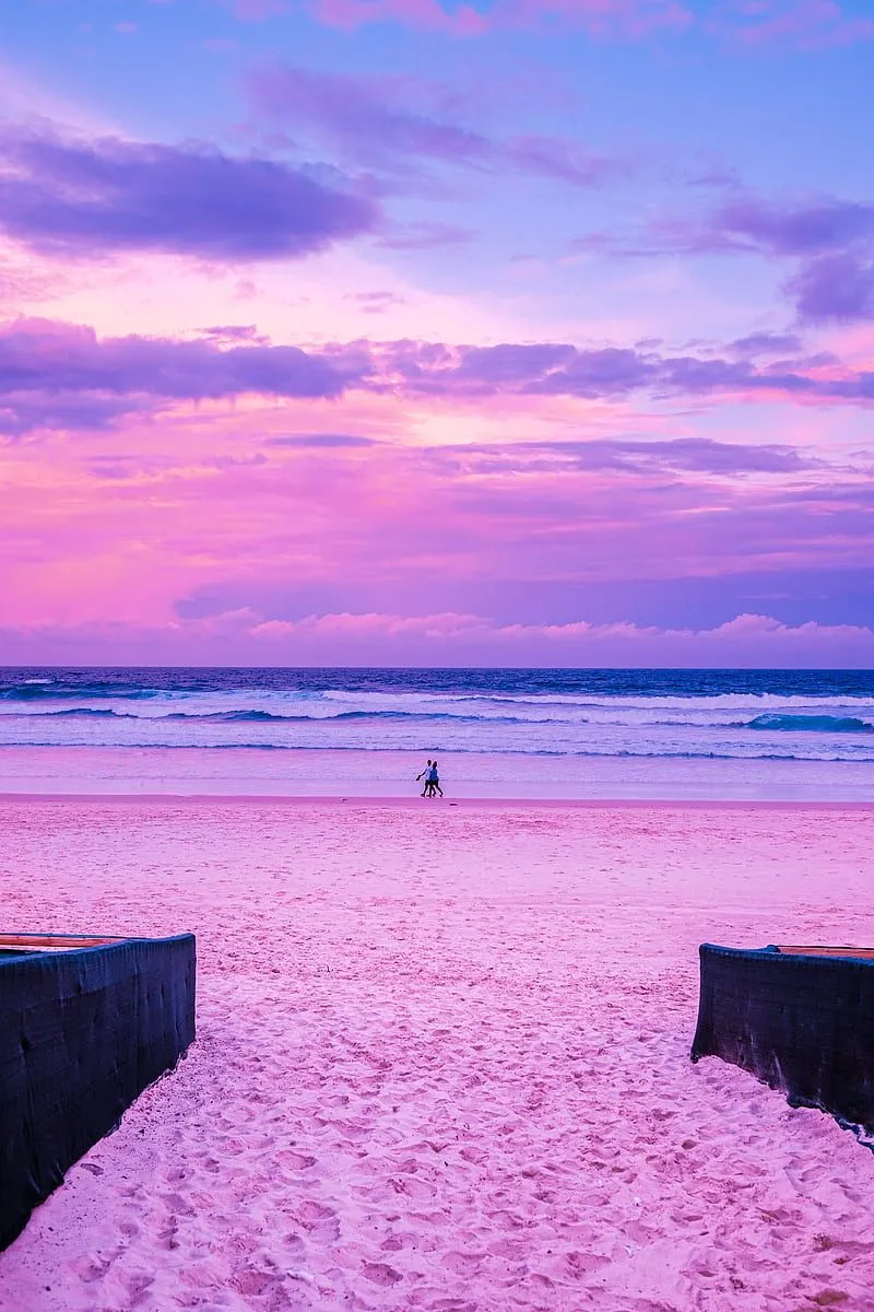 Sunset Walk, aesthetic, beach, clouds, couple, landscape, love, ocean, pink, HD phone wallpaper
