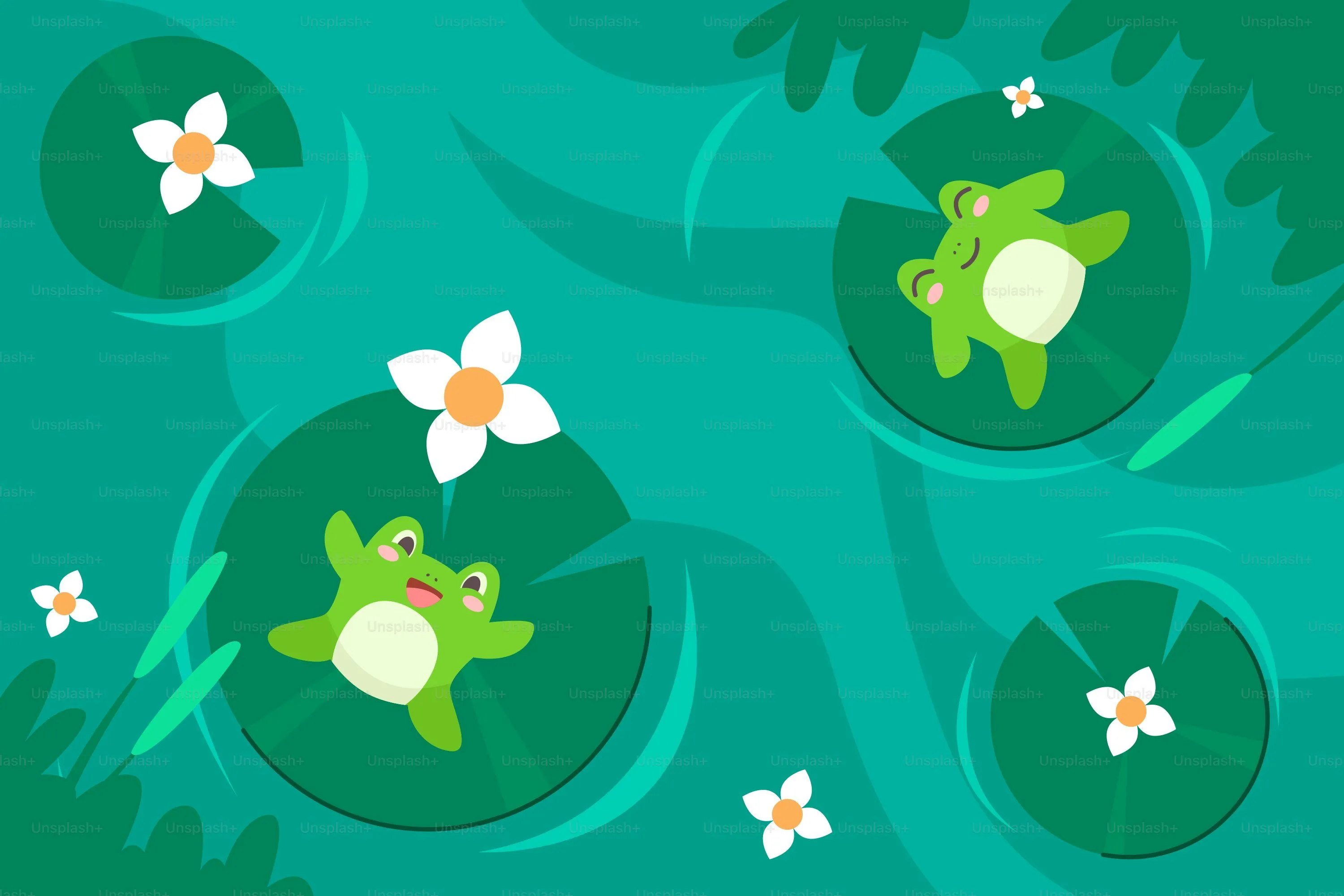 Frogs are relaxing on lily pads in the pond. vector
