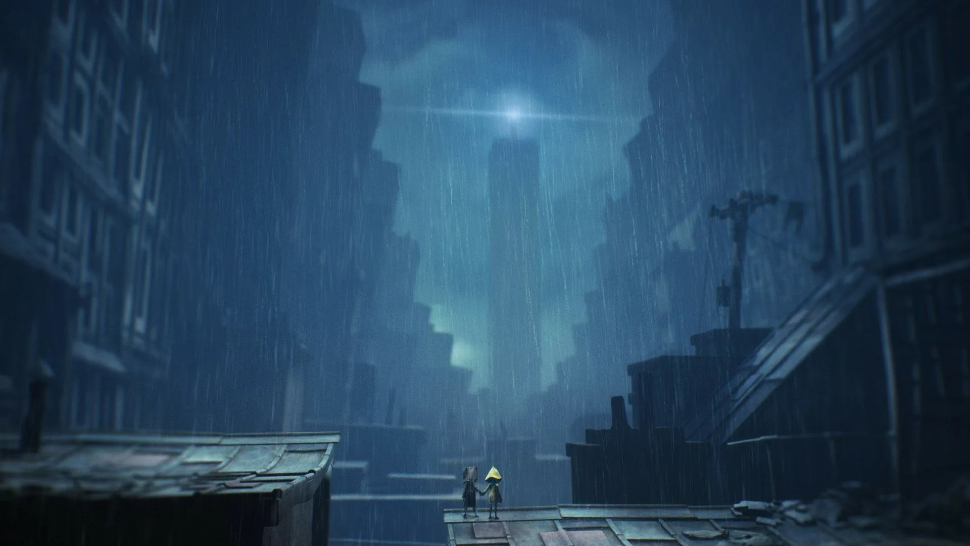 Little Nightmares II HD Wallpaper: Mono & Six in the Haunted Cityscape