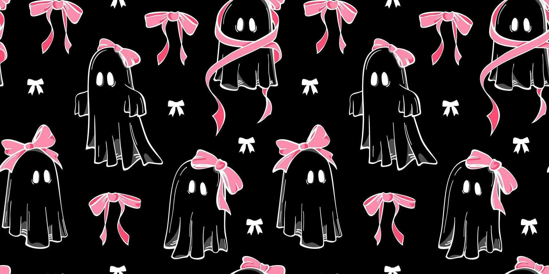 Seamless pattern with cute hand drawn ghost characters wearing pink bows on black background. Adorable girly spooky designs, illustrations for Halloween wallpaper. Vintage coquette aesthetic