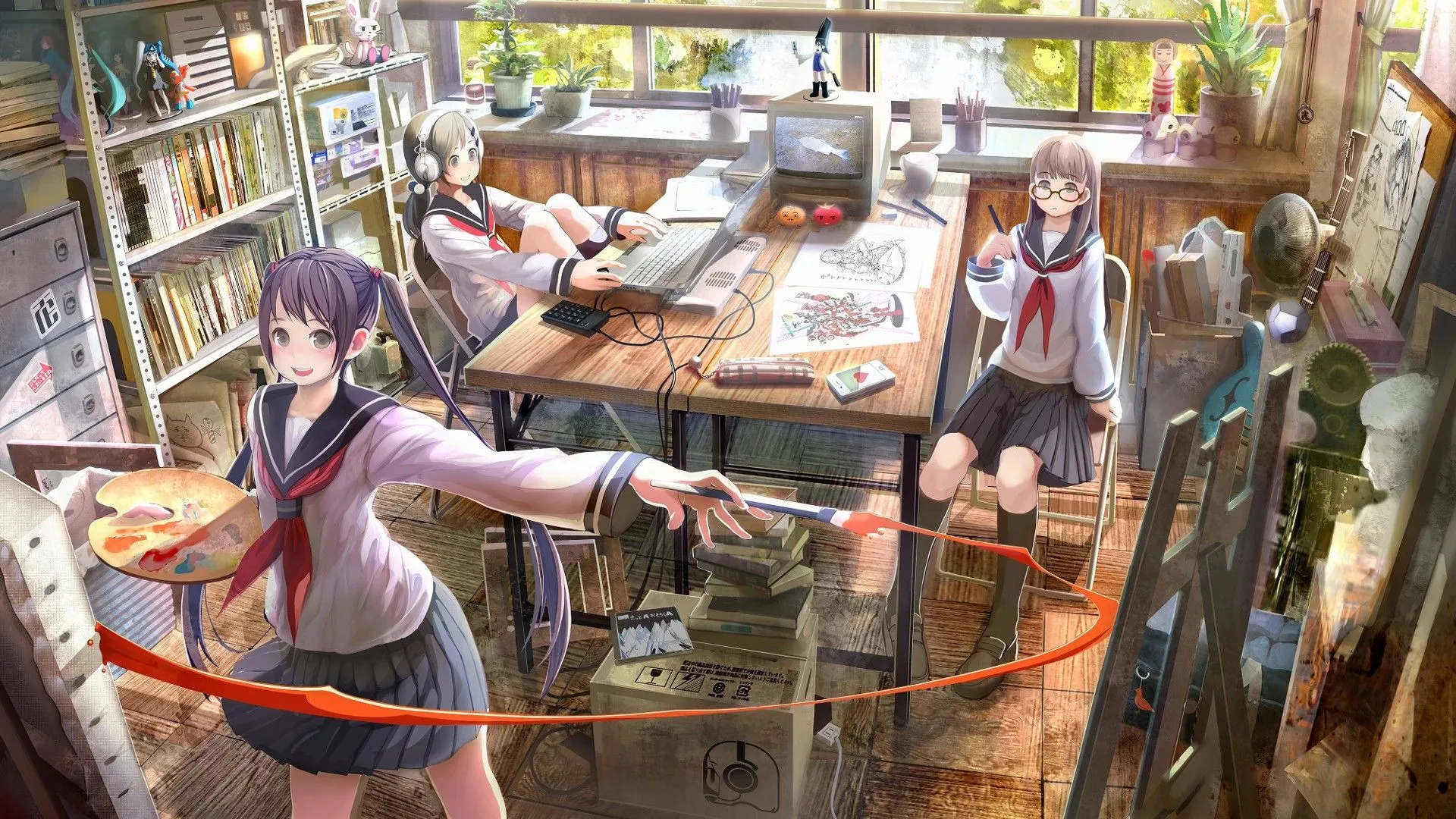 Desktop wallpaper: Laptop, Anime, Original, Black Hair, Blush, Book, Brown Hair, Glasses, Headphones, Painting, Purple Hair, School Uniform, Skirt, Table, Twintails 4K free download for PC. 736016