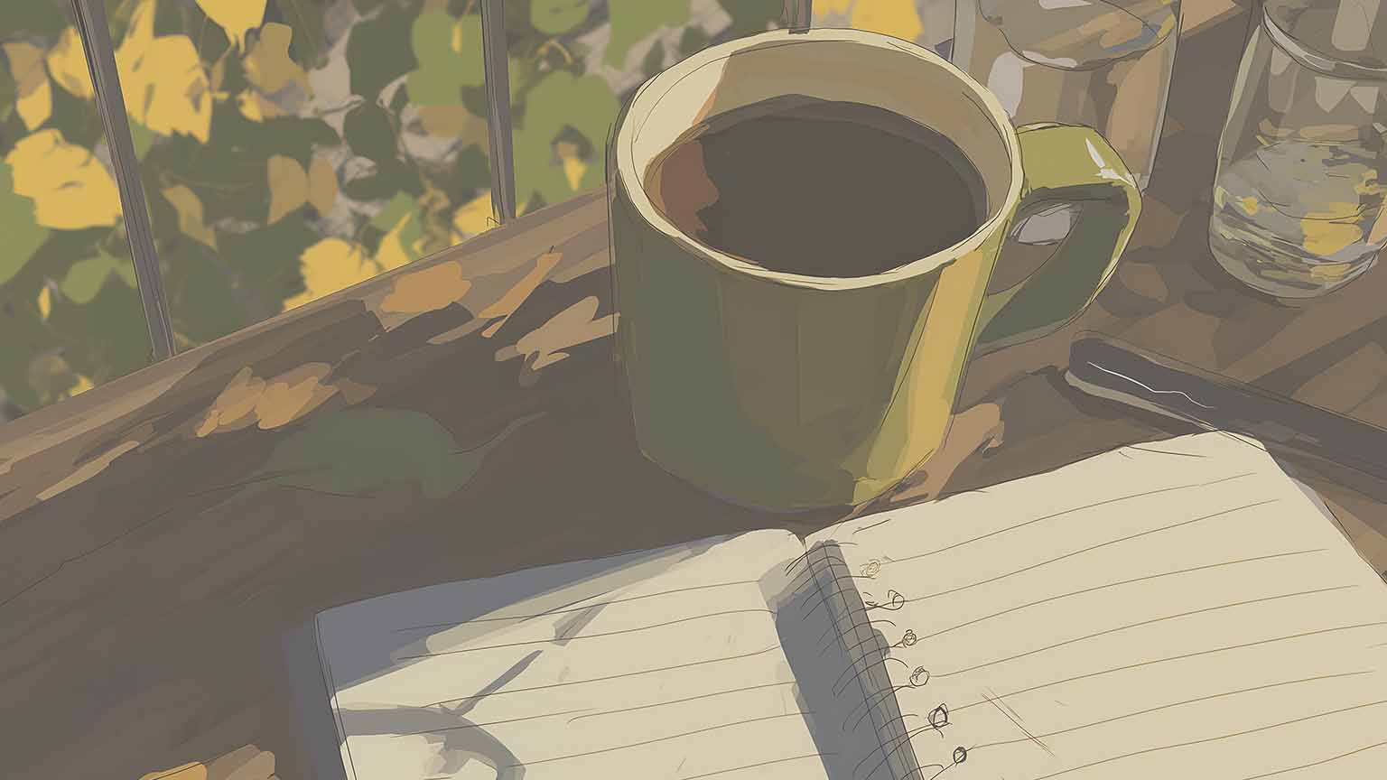 Free A Study Desk with Coffee and Notebook Desktop Wallpaper