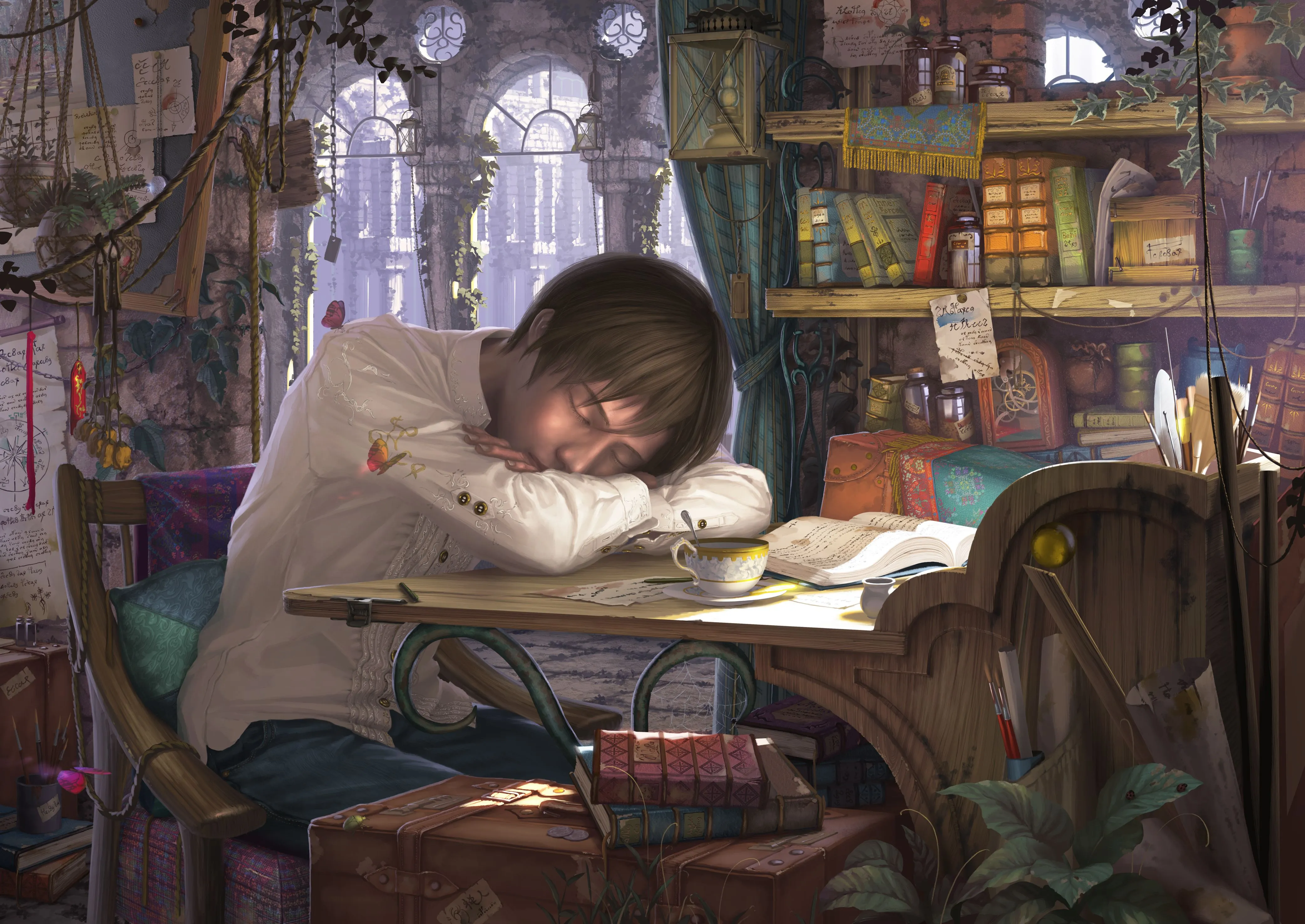 Desktop wallpaper: Anime, Original, Book, Desk, Sleeping 4K free download for PC. 877521