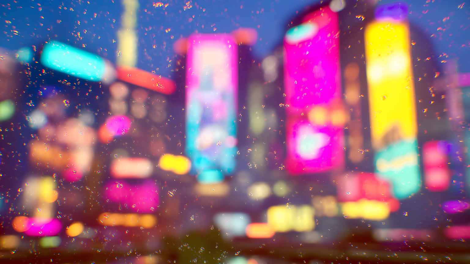 Free Neon City with Rain Drops on the Window Desktop Wallpaper