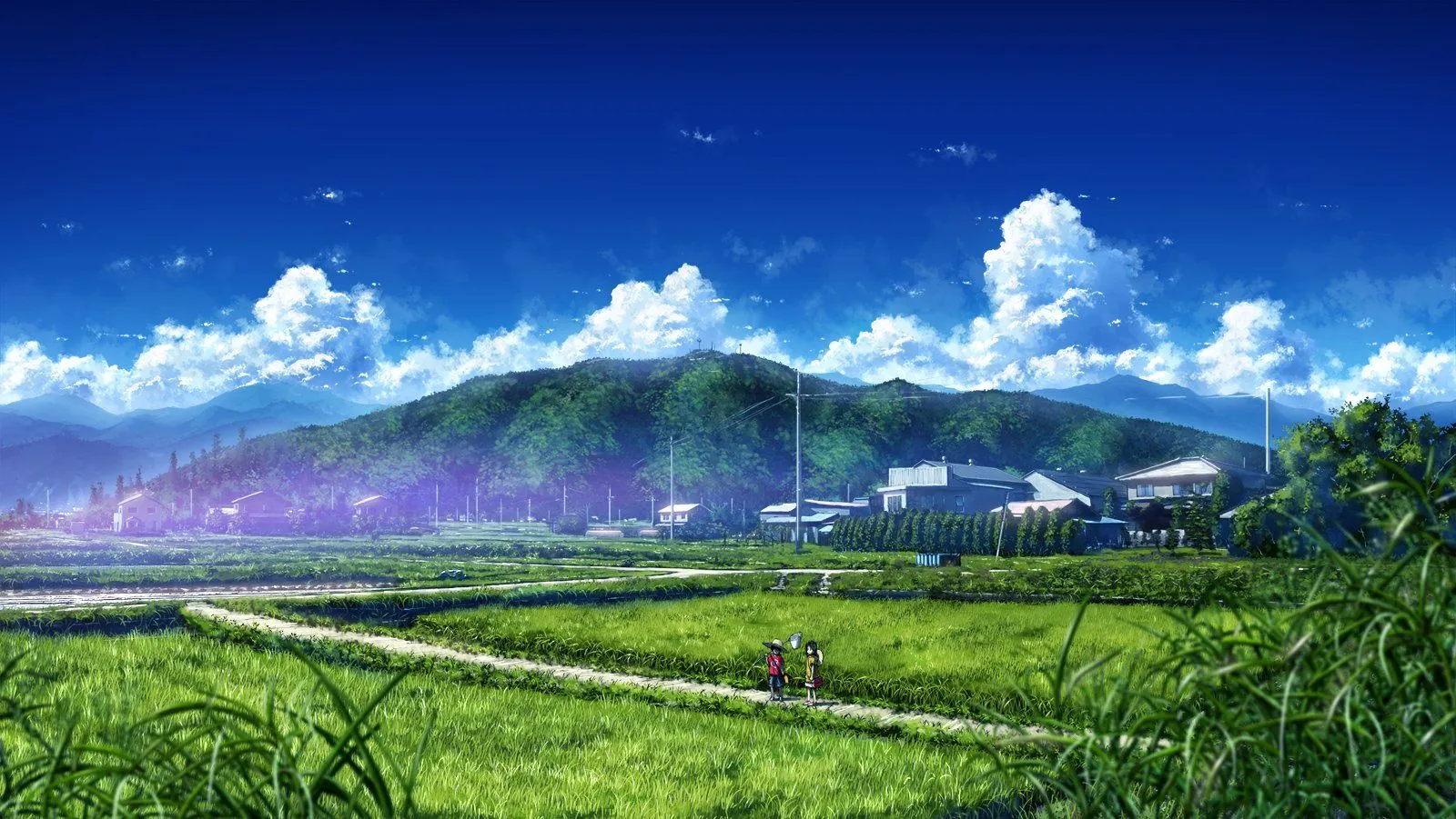 Serene Anime Landscape HD Wallpaper: Mountains, Sky, and Tranquil Fields
