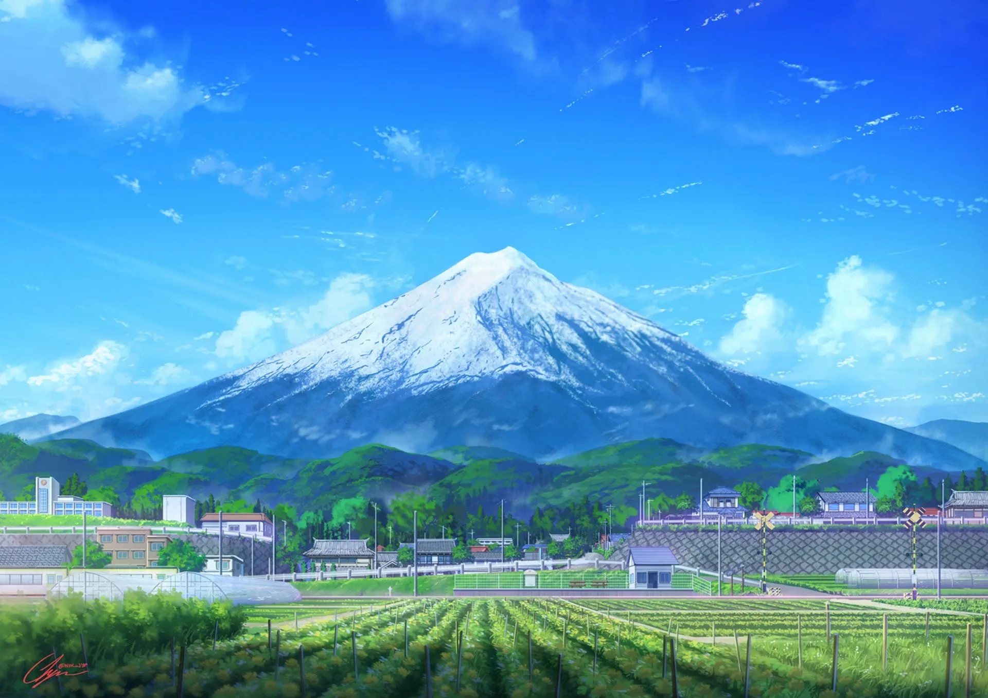 Desktop wallpaper: Scenery, Mount Fuji, Anime, Original, Building, Cloud, Field, Mountain, Sky 4K free download for PC. 942814