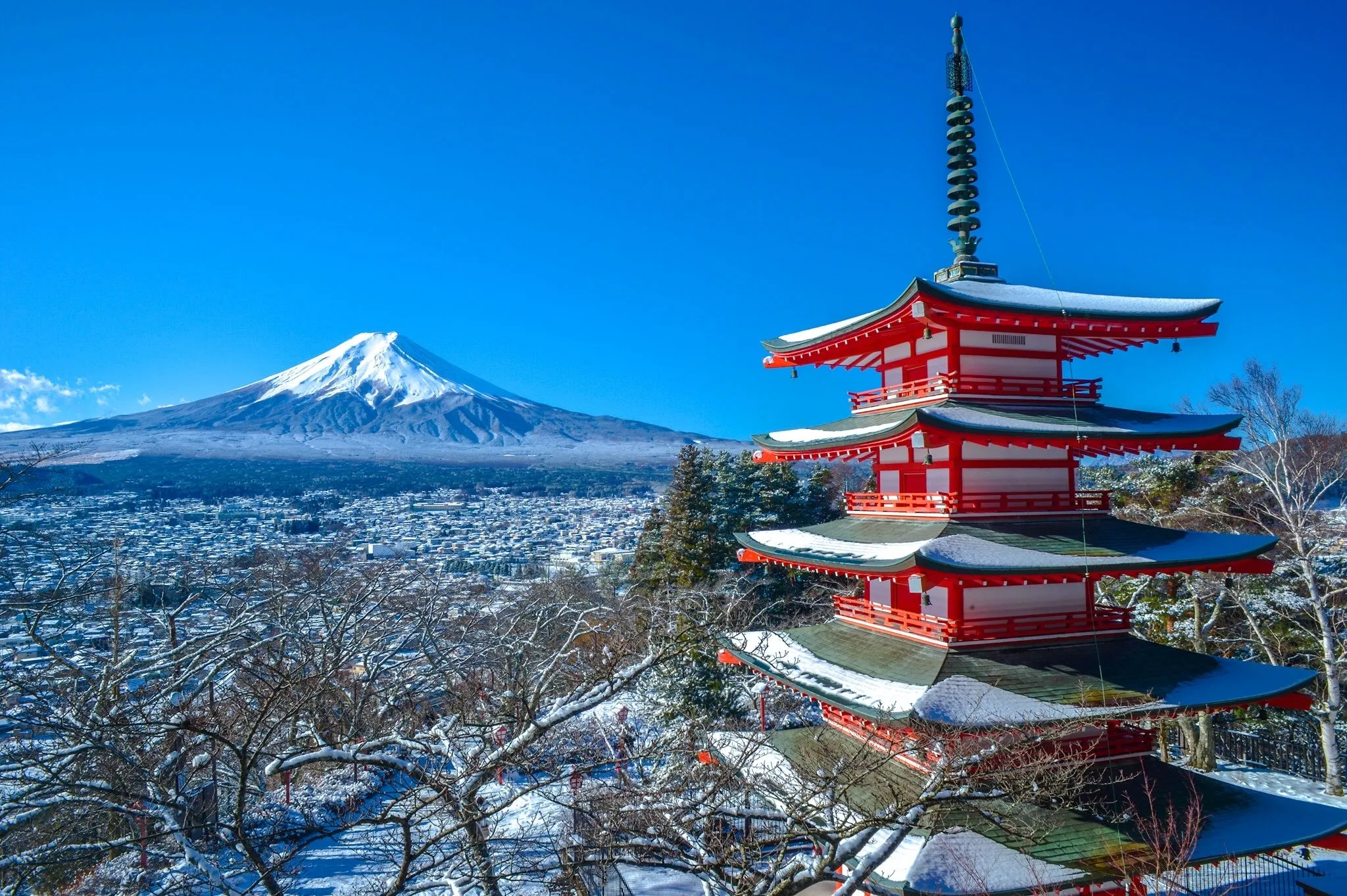 Wallpaper winter, mountains, the volcano, Japan, Fuji, panorama, pagoda, Japan for mobile and desktop, section пейзажи, resolution 2048x1363