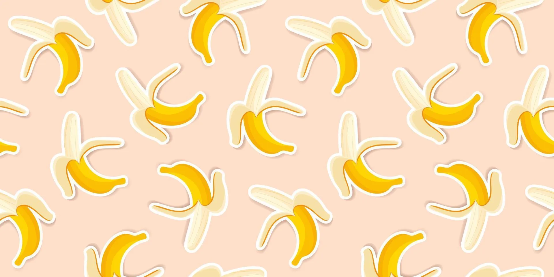 Cute yellow bananas on a coral background. Trendy banana pattern design for wallpaper, print, fabric and stationery design. Yellow banana sticker pattern. Illustrated vector fruit