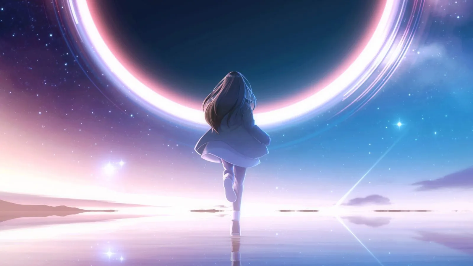 Anime girl runs towards a bright circle in the sky Desktop wallpaper 1600x900